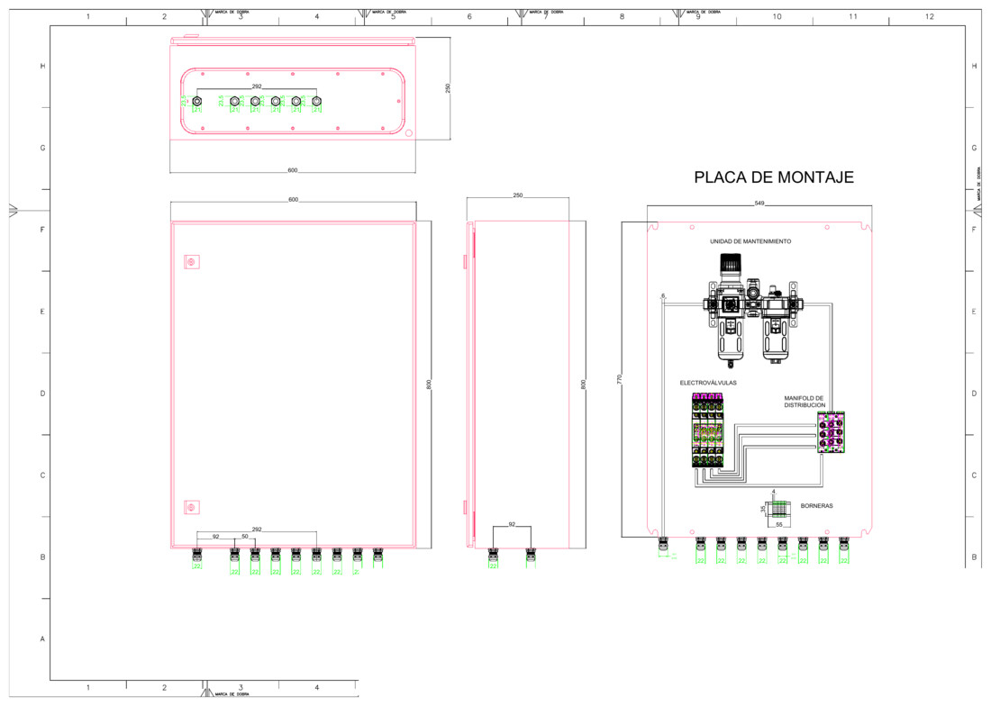 Placa de montaje de un panel neumático con unidad de mantenimiento, electroválvulas y manifold